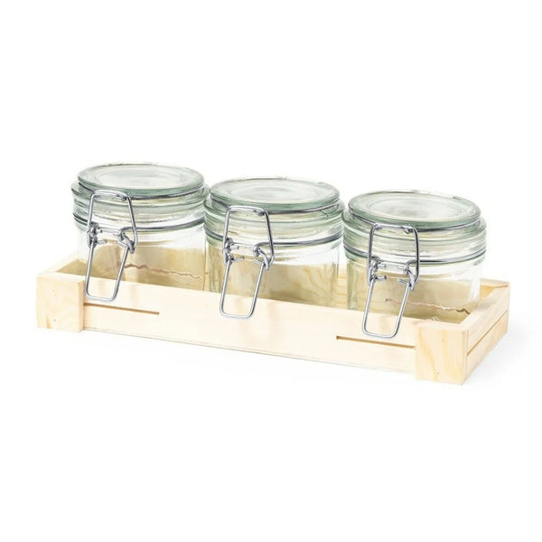 Set 3 Frascos Contenedores Vidrio Base Madera Gab 230 ML