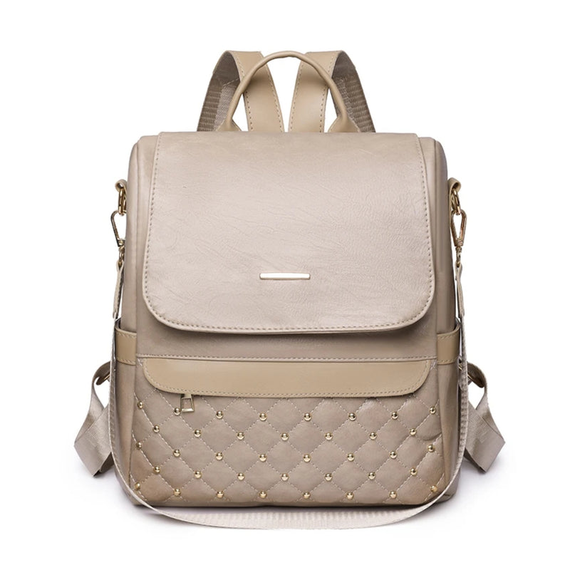 Mochila Cartera Bolso Antirrobo Ecocuero Impermeable Beige 29x28x13 CM