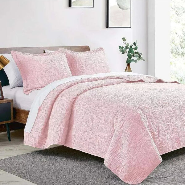 Cubrecama Quilt Reversible Queen 228x228 CM Más Fundas Almohada Rosa Blanco