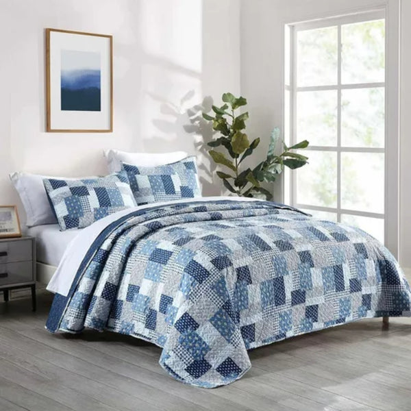 Cubrecama Quilt Reversible Queen 228x228 CM Más Fundas Almohada Azul Blanco