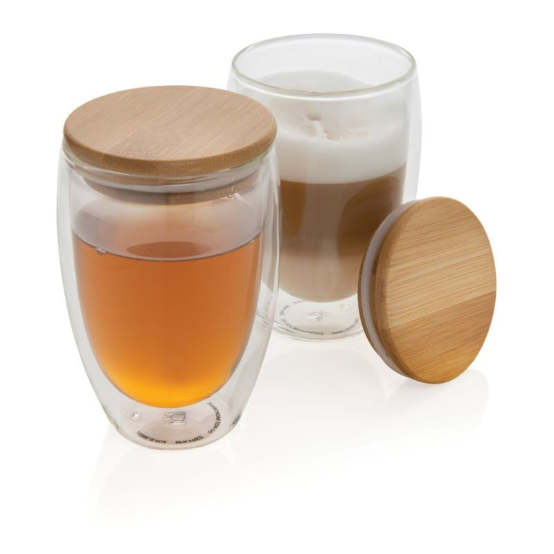 Vaso MUG Térmico Doble Pared Tapa Bambú Vidrio Tobby 350 ML