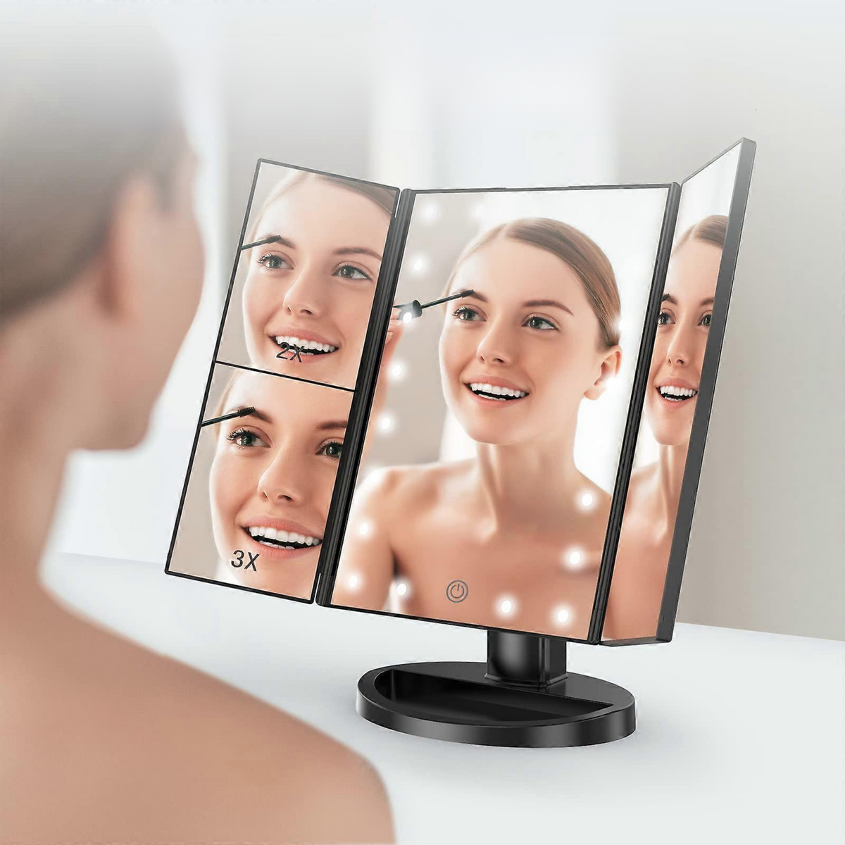 Espejo Maquillaje 22 Luces LED Aumento Giratorio Negro