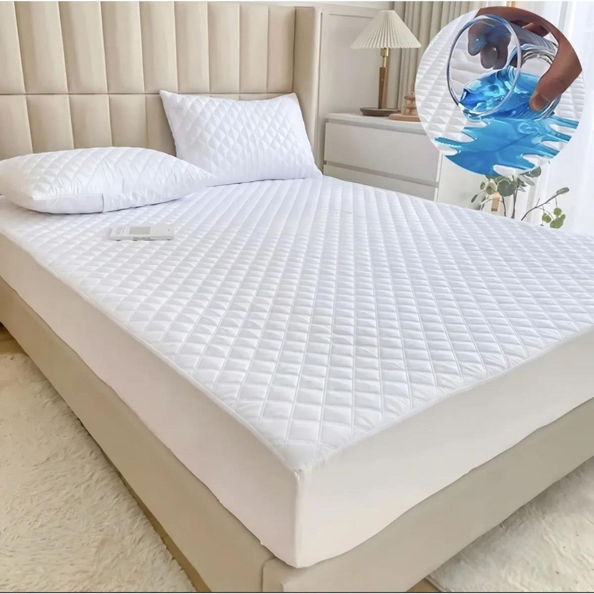 Cubre colchón Acolchado Impermeable 2 Fundas Almohadas 2 Plazas Blanco