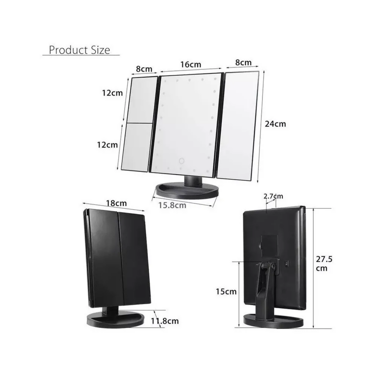 Espejo Maquillaje 22 Luces LED Aumento Giratorio Negro