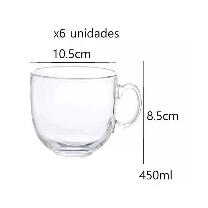 Set 6 Tazas Café Té Sin Plomo Vidrio Templado 450 ML