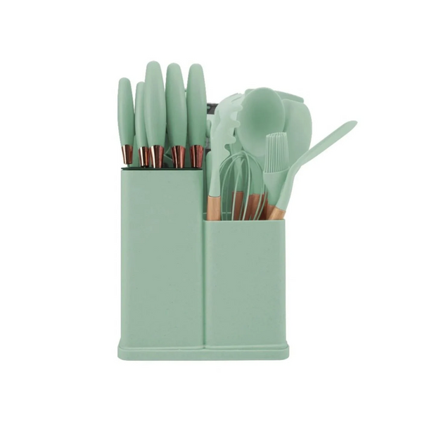 Set 19 Utensilios Cocina Silicona Acero Inoxidable Verde