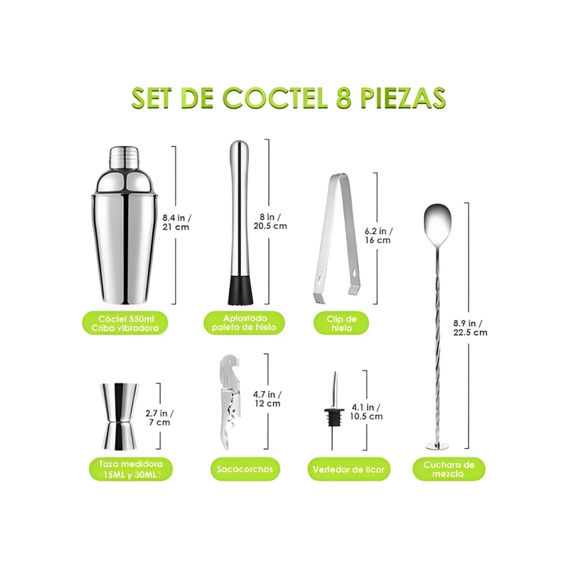 Kit Juego Coctelera Profesional Bar 8 Piezas Acero Inoxidable