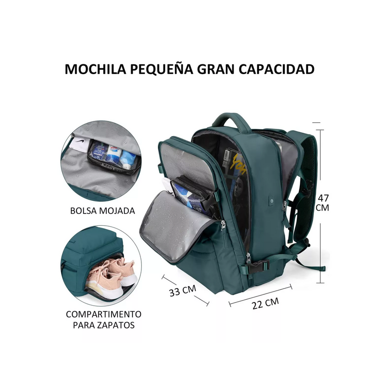 Mochila Viaje Gran Capacidad USB Tela Verde DLX