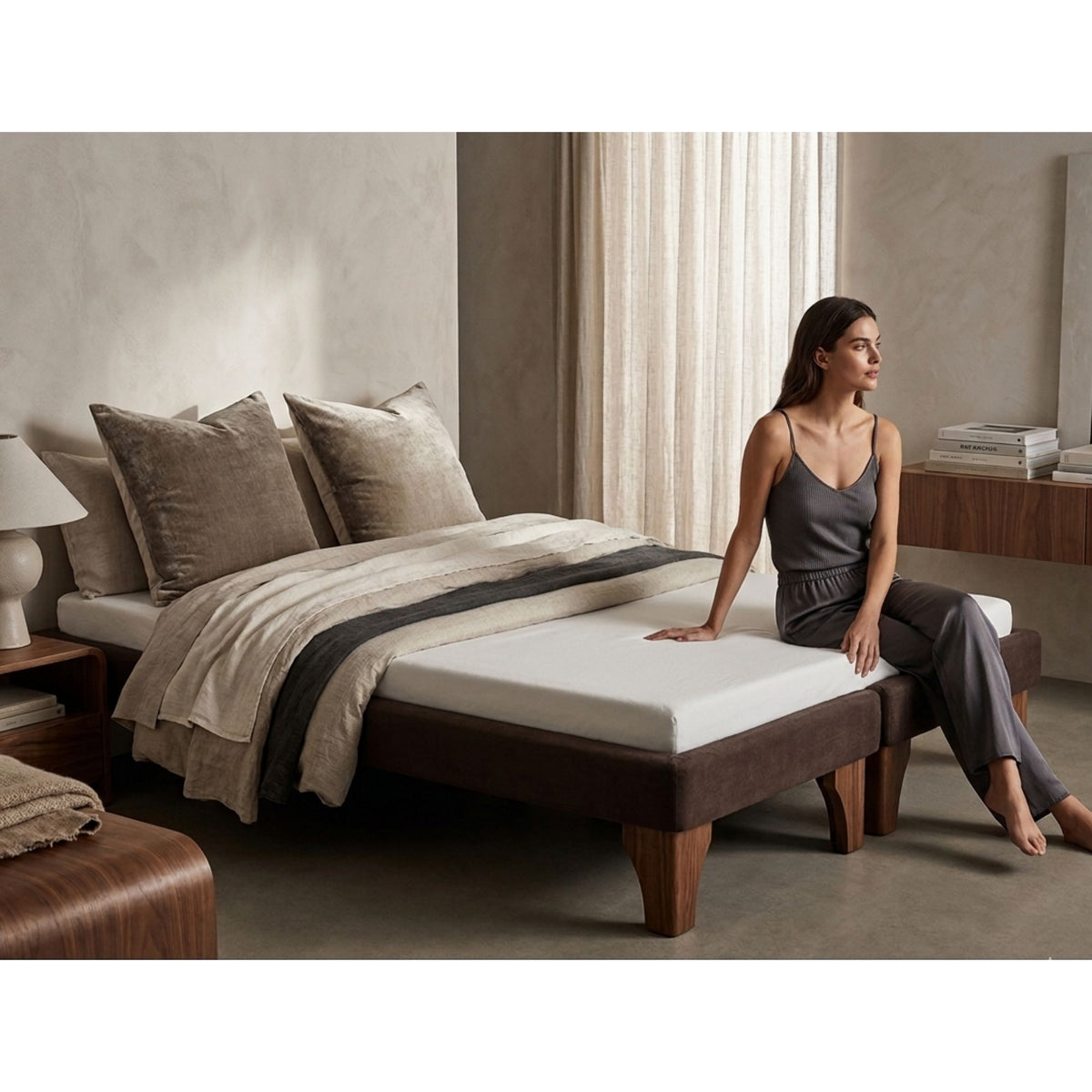 Base Dividida Cama Europea 2 Plazas 150x200 CM Chocolate Felpa