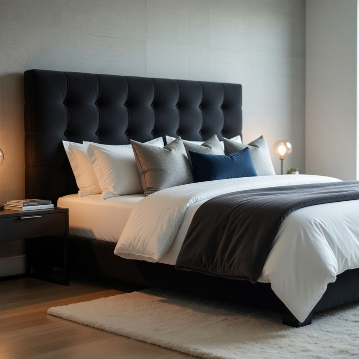 Respaldo Elegante Super King Capitone 200x60 CM Gris Oscuro Felpa Botones