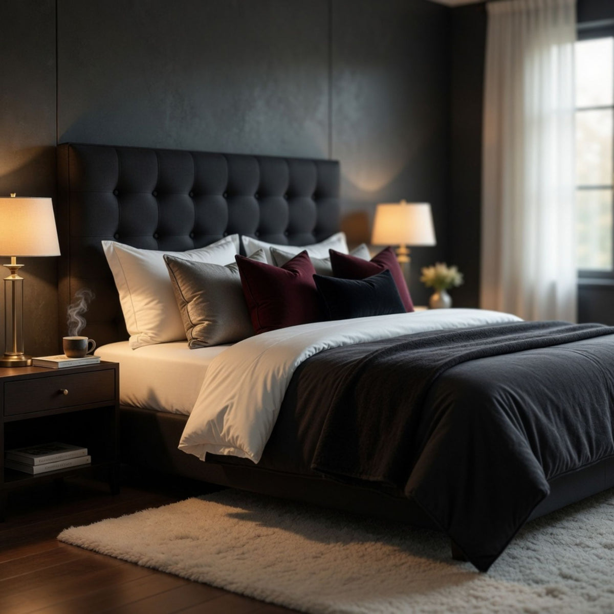 Respaldo Elegante Super King Capitone 200x60 CM Negro Lino Botones