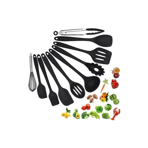 Set 10 Utensilios Cocina Silicona Antiadherente Negro