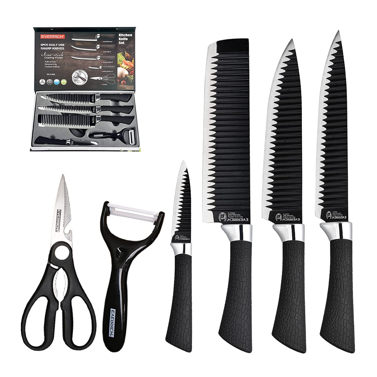 Set Cuchillo Acero Inoxidable 6 Piezas Antibacterial Negro