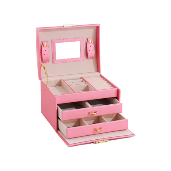 Joyero 3 Niveles Doble Cajón Eco Cuero Rosado