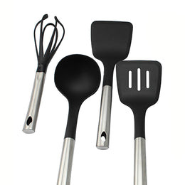 Set 5 Utensilios de Cocina Silicona Acero Inoxidable Negro