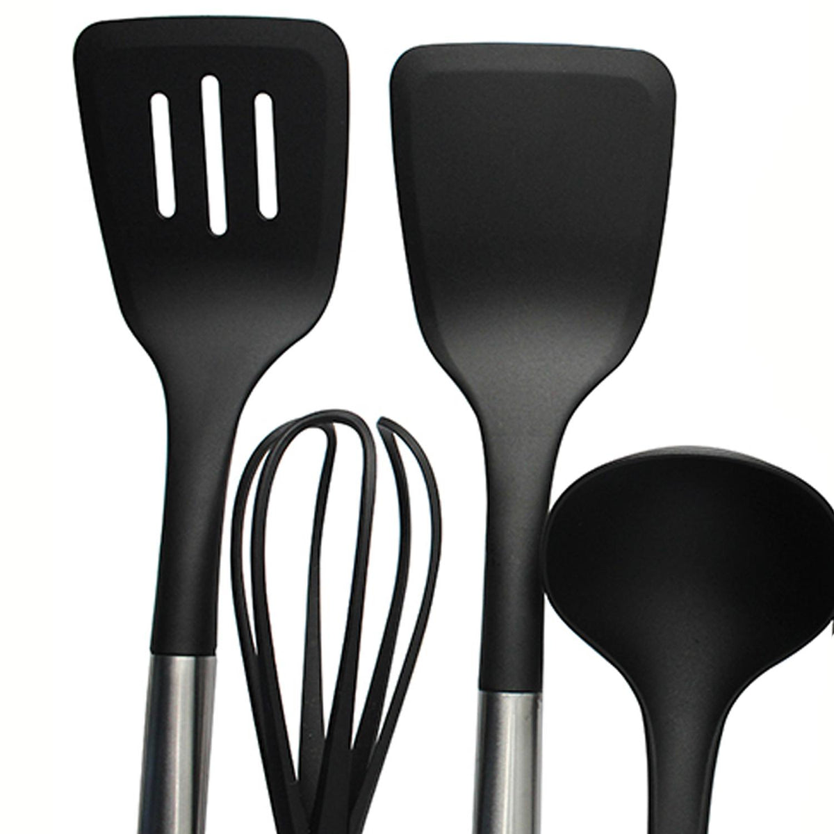 Set 5 Utensilios de Cocina Silicona Acero Inoxidable Negro