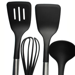 Set 5 Utensilios de Cocina Silicona Acero Inoxidable Negro