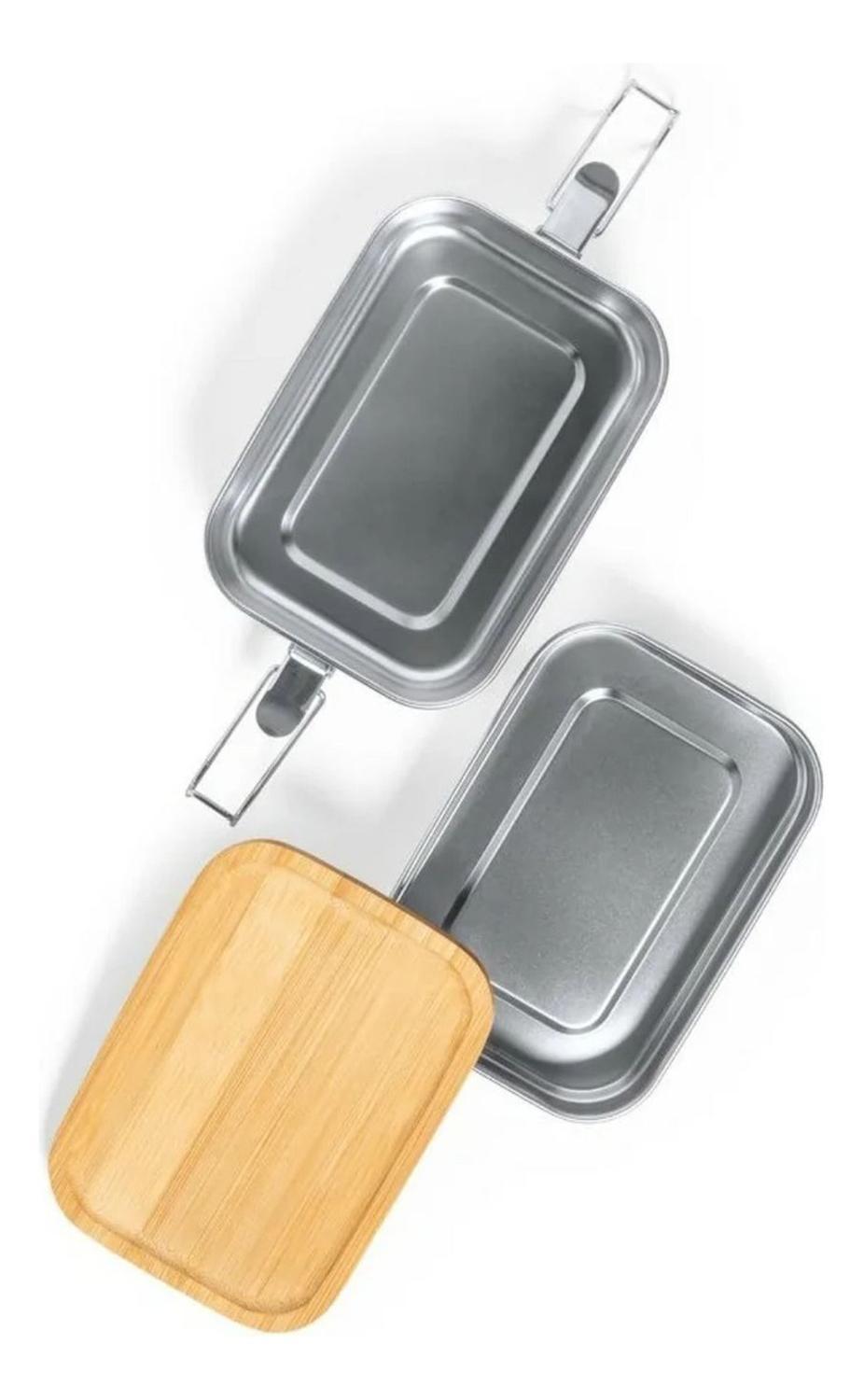 Contenedor Tupper Hermético Doble Acero Inox. Bambú Vinckers 940 ML