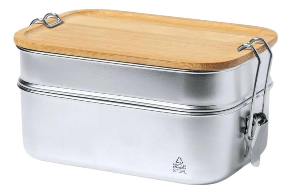 Contenedor Tupper Hermético Doble Acero Inox. Bambú Vinckers 940 ML