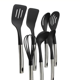 Set 5 Utensilios de Cocina Silicona Acero Inoxidable Negro