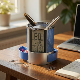 Organizador Bolígrafo Portalápices Reloj Alarma Pantalla LCD